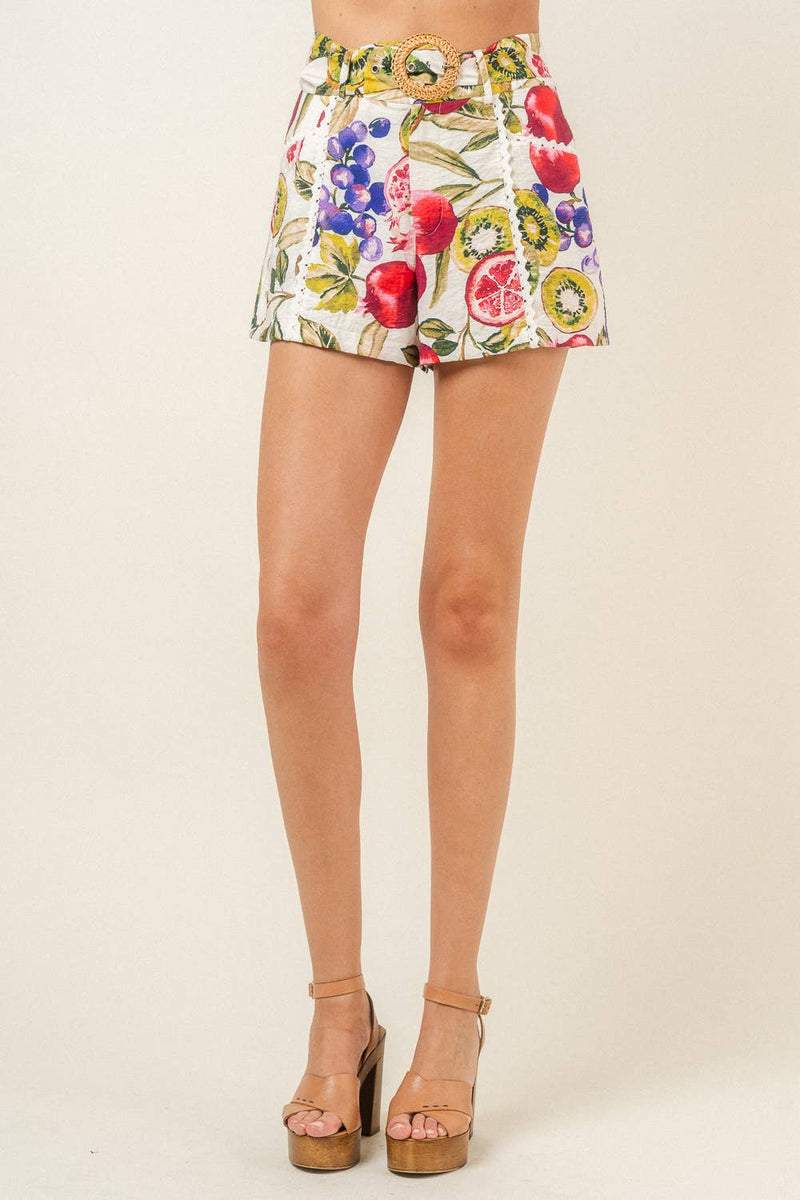 TROPICAL PRINT CROCHET TRIM BELT SHORTS