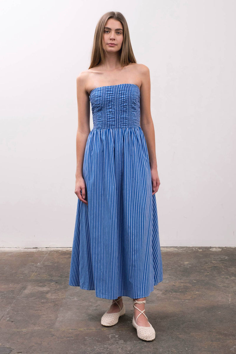 STRIPE STRAPLESS MIDI SUNDRESS