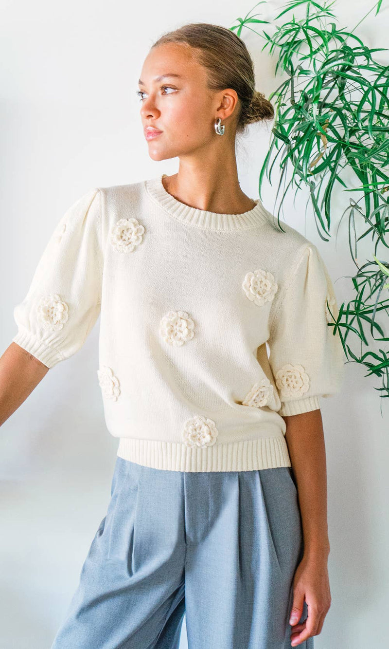 Bria Rosette Puff Sleeve Sweater: Cream / M