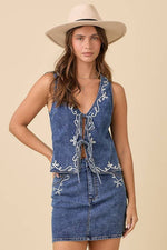 Denim Vest With Front Tie Strap And Embroidery
