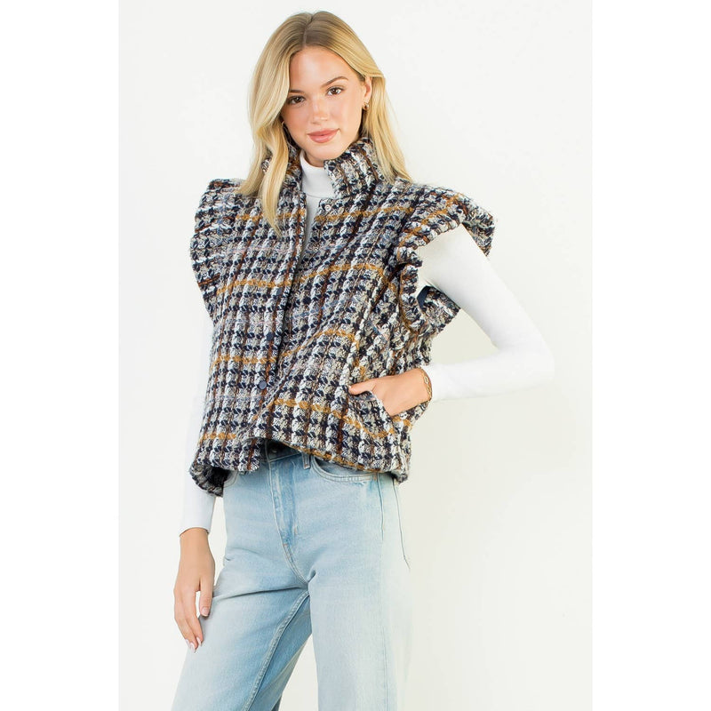 Ruffle Shoulder Plaid Tweed Vest
