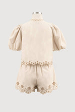 EYELET DETAIL PUFF SLEEVE FRONT TIE TOP