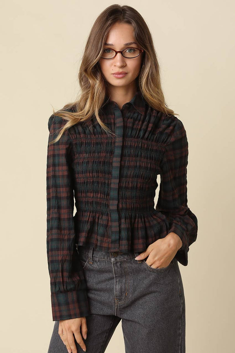 Nila Smocked Plaid Peplum Blouse