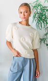 Bria Rosette Puff Sleeve Sweater: Cream / M