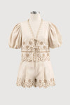 EYELET DETAIL PUFF SLEEVE FRONT TIE TOP