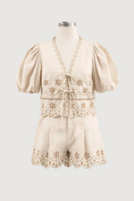 EYELET DETAIL PUFF SLEEVE FRONT TIE TOP