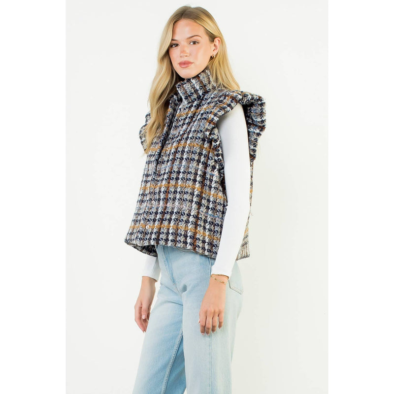 Ruffle Shoulder Plaid Tweed Vest