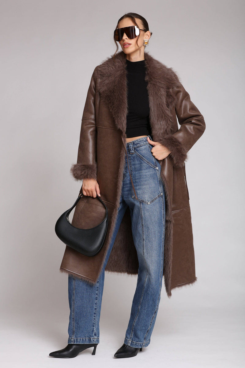 Faux Shearling Midi Wrap Coat