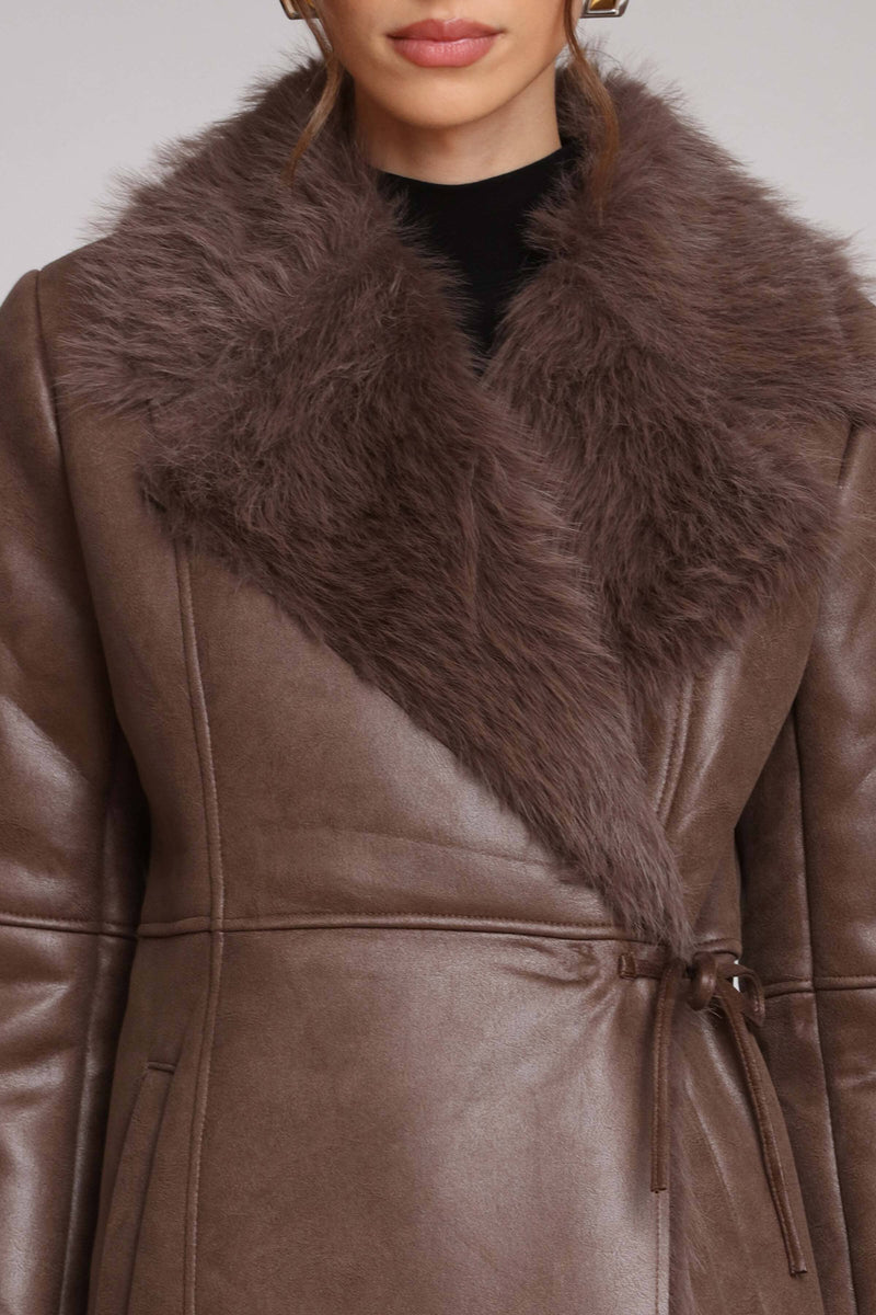 Faux Shearling Midi Wrap Coat