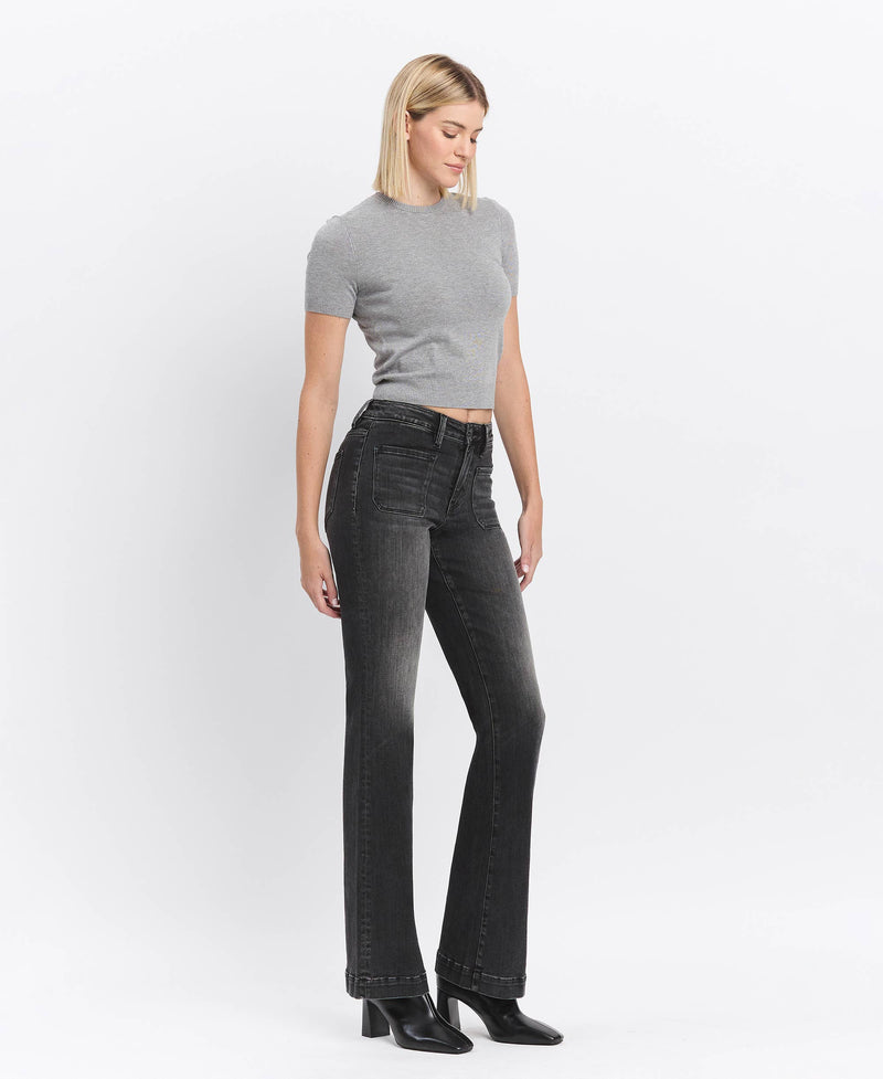 HIGH RISE FRONT PATCH POCKET FLARE JEANS