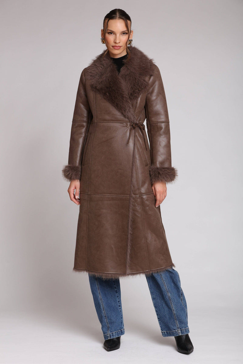 Faux Shearling Midi Wrap Coat