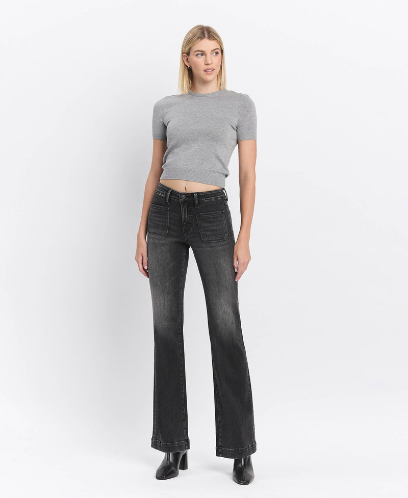 HIGH RISE FRONT PATCH POCKET FLARE JEANS