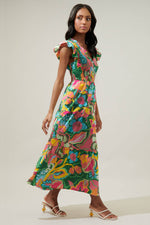 Lanai Multi Tropics Sunfire Smocked Bodice Tiered Midi Dress