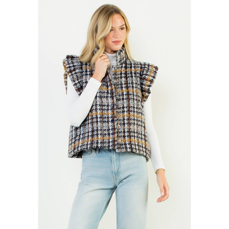 Ruffle Shoulder Plaid Tweed Vest