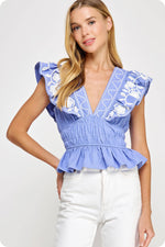 Embroidery Detail Ruffle Linen Top