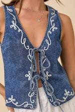 Denim Vest With Front Tie Strap And Embroidery