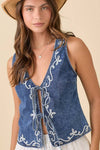 Denim Vest With Front Tie Strap And Embroidery