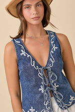 Denim Vest With Front Tie Strap And Embroidery