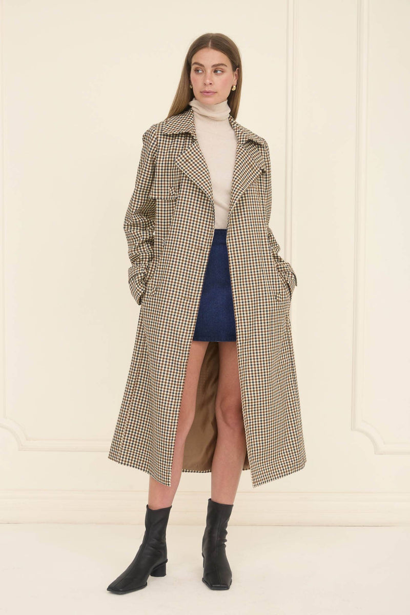 PLAID BELTED TRENCH COAT