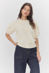 Bria Rosette Puff Sleeve Sweater: Cream / M