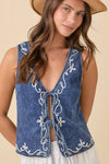 Denim Vest With Front Tie Strap And Embroidery