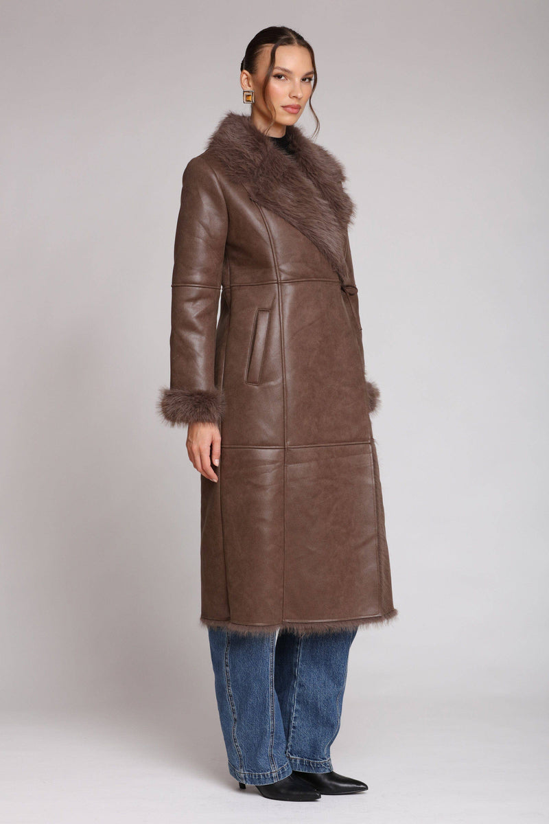 Faux Shearling Midi Wrap Coat