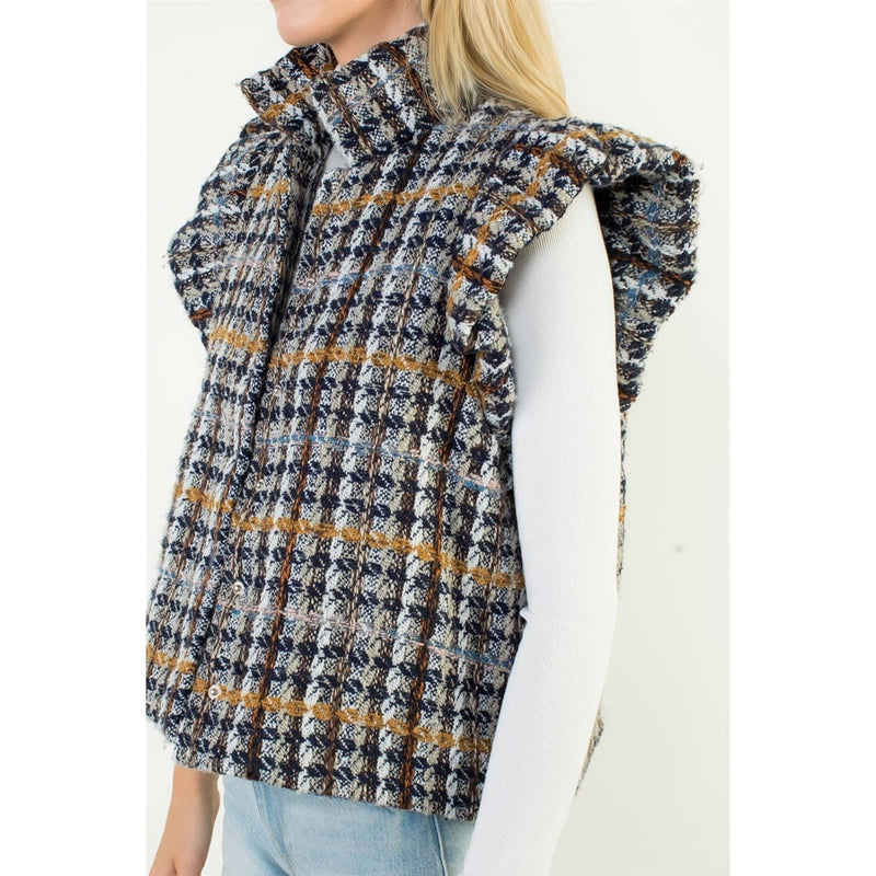 Ruffle Shoulder Plaid Tweed Vest
