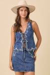 Denim Vest With Front Tie Strap And Embroidery