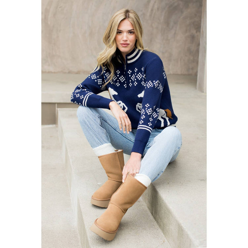 Horse Knit Half Up Zipper Sweater
