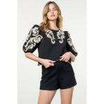Embroidered Puff Sleeve Textured Top