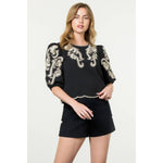 Embroidered Puff Sleeve Textured Top
