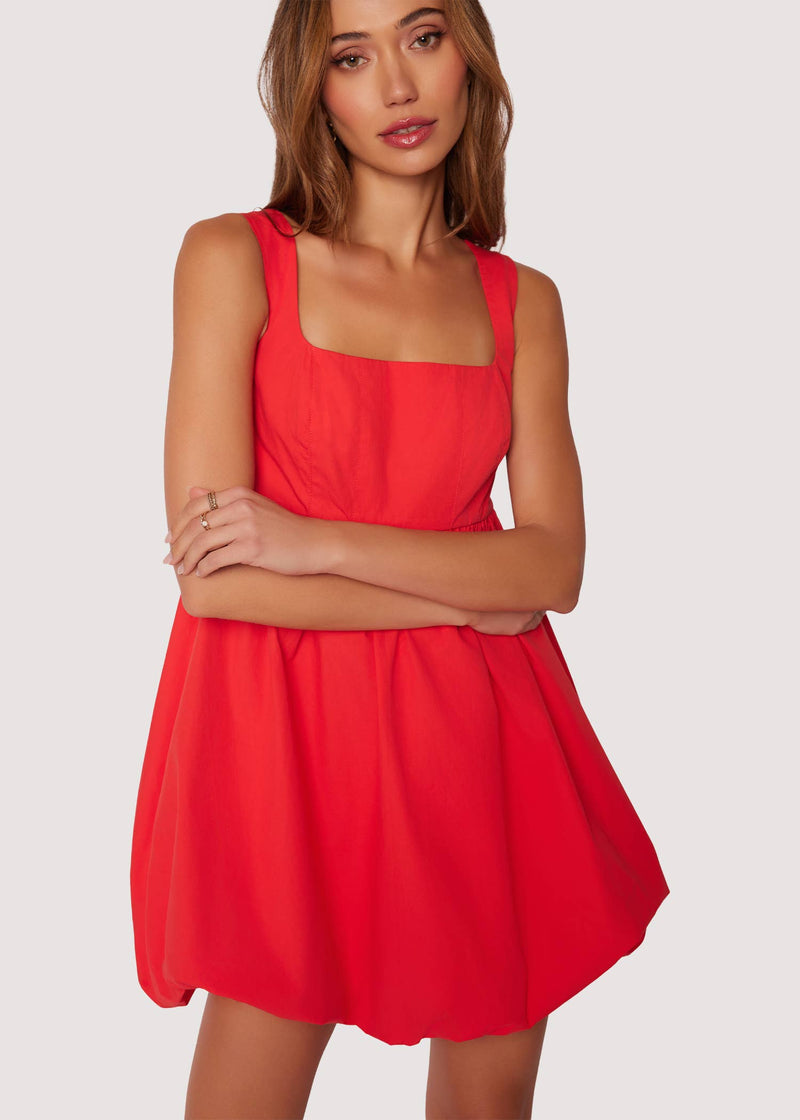 Regal Rose Mini Dress - Spring Solid Square Neck Bubble: RED / XS