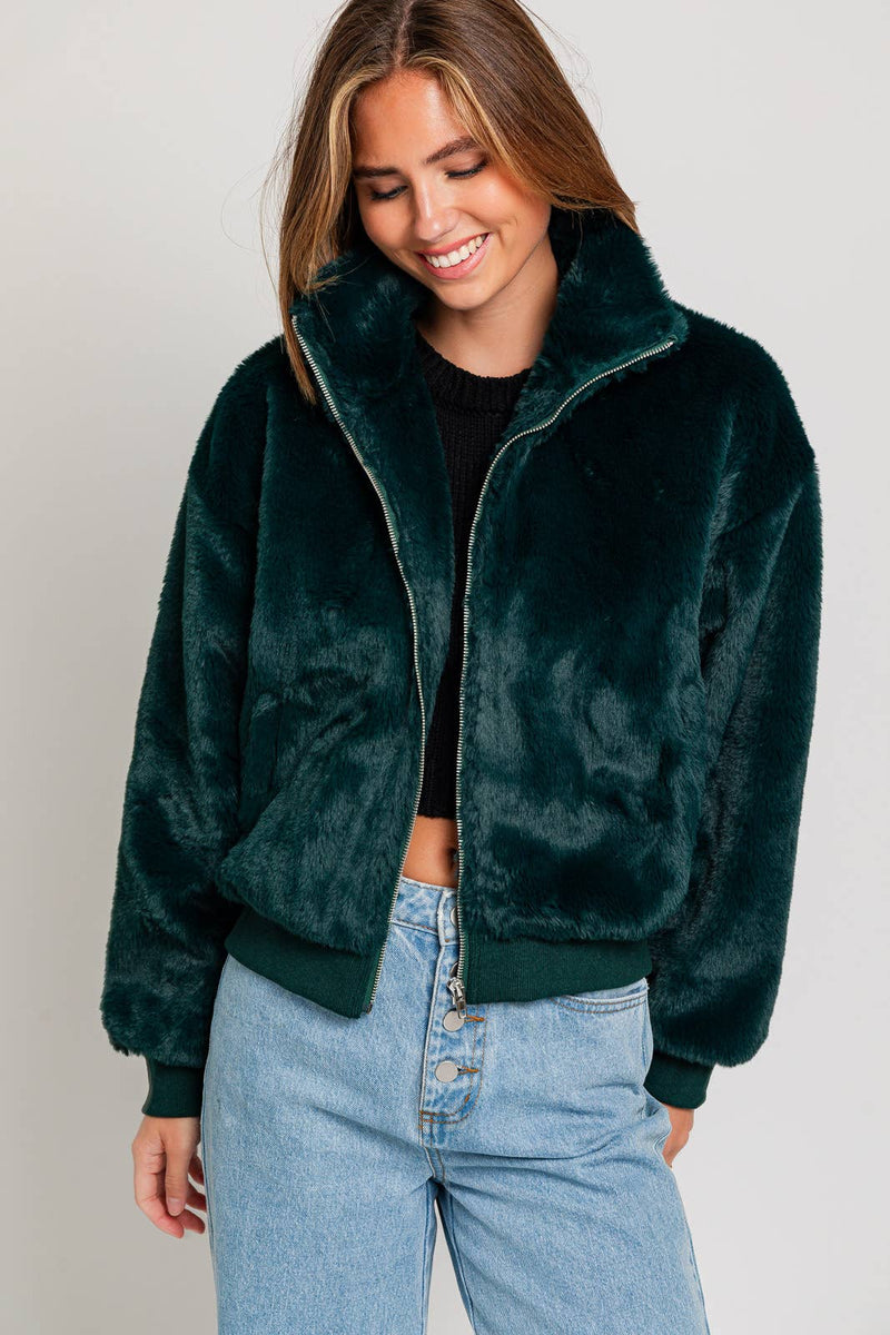 ZIPPER FRONT FAUX FUR JACKET