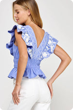 Embroidery Detail Ruffle Linen Top