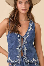 Denim Vest With Front Tie Strap And Embroidery