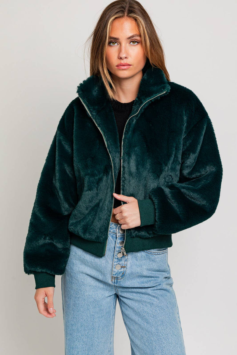 ZIPPER FRONT FAUX FUR JACKET