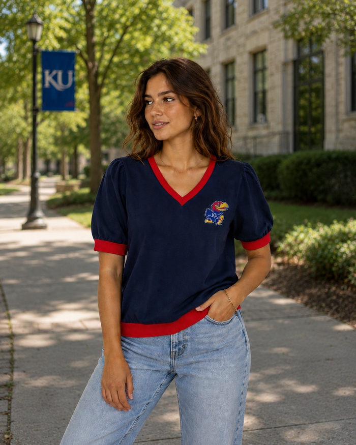 Kansas Jayhawk Pay Heed Navy Short-Sleeve Sweater