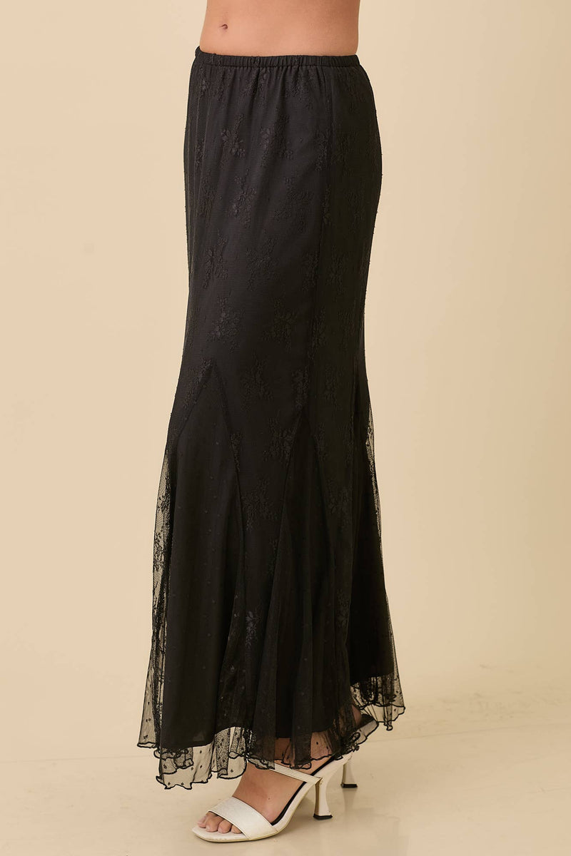 Mesh Midi Skirt With Contrasting Godet Ruffle
