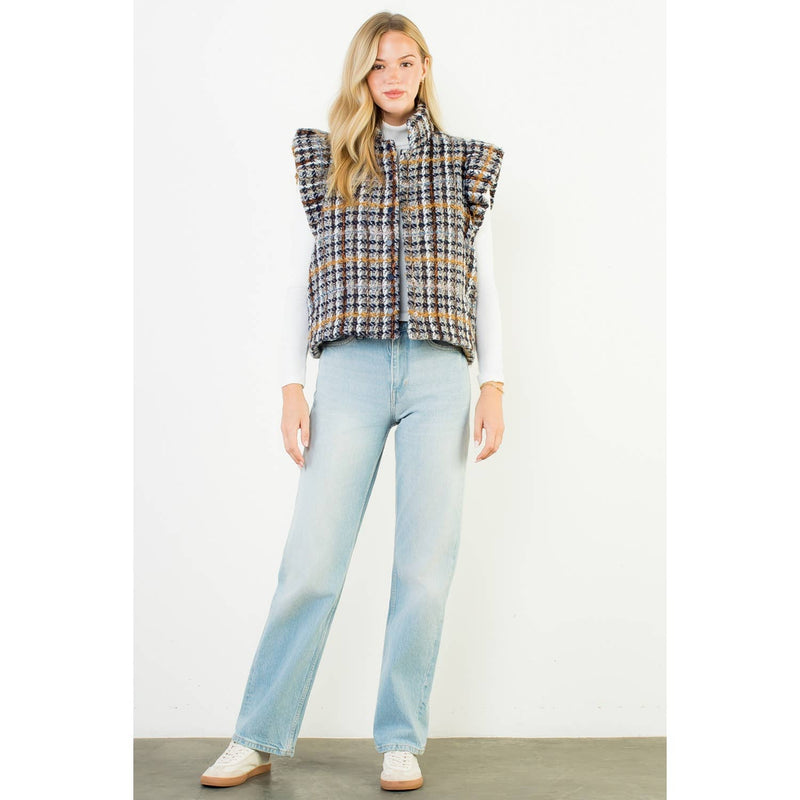 Ruffle Shoulder Plaid Tweed Vest
