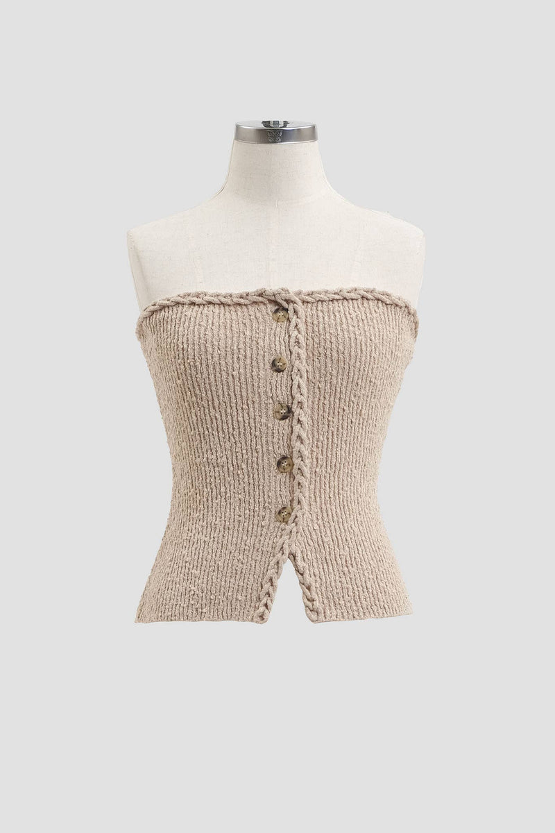 BRAIDED-TRIM SLEEVELESS SWEATER TOP: BEIGE