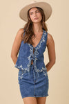 Denim Vest With Front Tie Strap And Embroidery