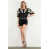 Embroidered Puff Sleeve Textured Top