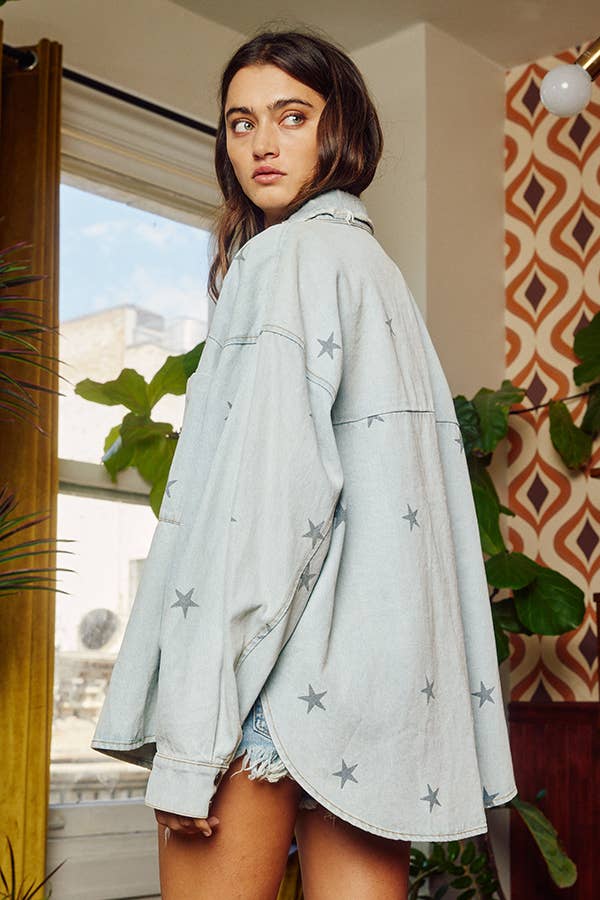 Star Print Washed Denim Jacket