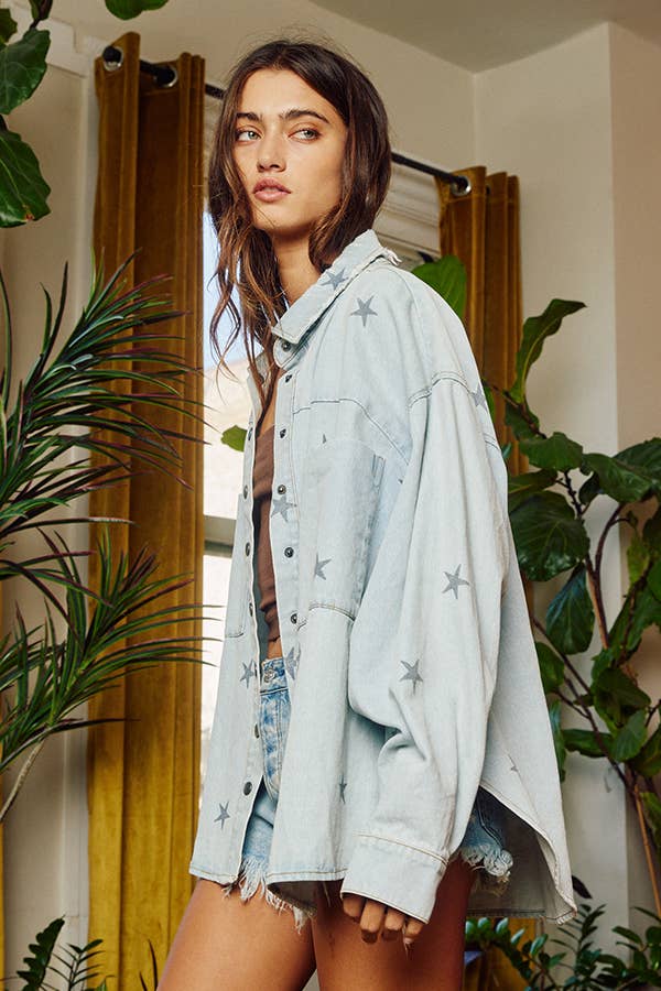 Star Print Washed Denim Jacket