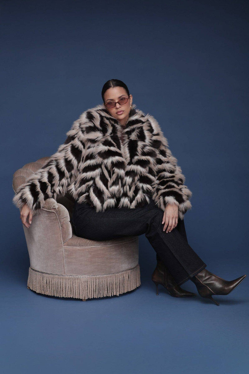 Chevron Faux Fur Cropped Coat