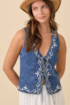 Denim Vest With Front Tie Strap And Embroidery