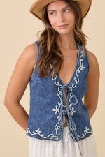 Denim Vest With Front Tie Strap And Embroidery