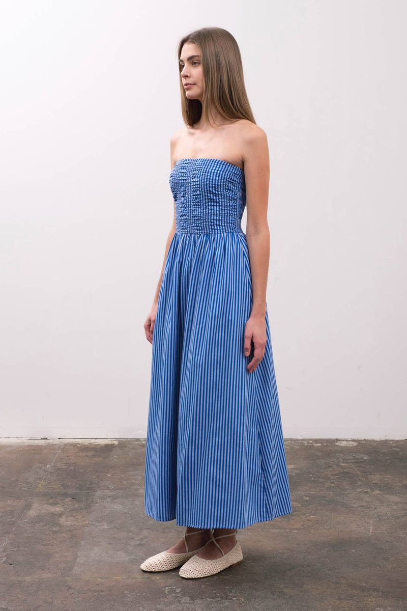 STRIPE STRAPLESS MIDI SUNDRESS